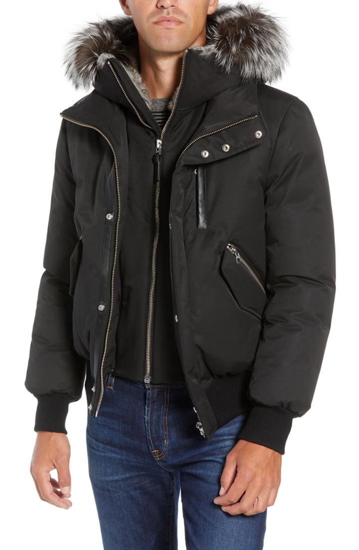 Men's Mackage Lux Down Bomber Jacket With Genuine Fox Fur Trim - Black