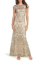 Petite Women's Tadashi Shoji Off The Shoulder Corded Tulle Gown P - Beige