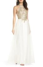 Women's Sequin Hearts Embellished Halter Gown With Tulle Overskirt - Ivory
