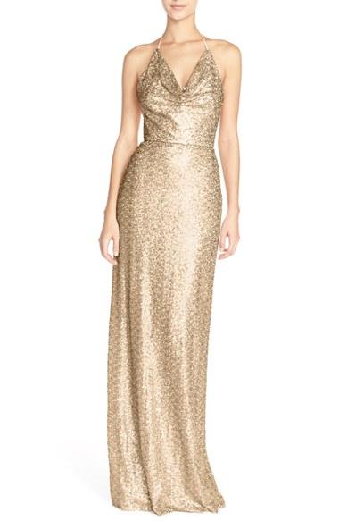 Women's Amsale 'honora' Draped Sequin Tulle Halter Gown - Metallic