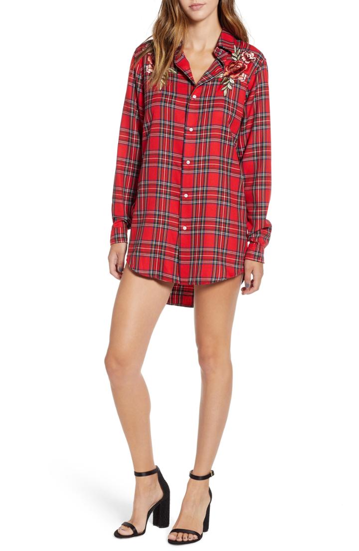 Women's Kendall + Kylie Embroidered Plaid Shirtdress