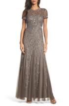 Petite Women's Adrianna Papell Beaded Mesh Gown P - Grey