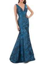 Women's Carmen Marc Valvo Infusion Plunging Brocade Mermaid Dress - Blue