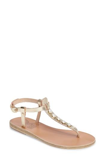 Women's Ancient Greek Sandals Lito Imitation Pearl Embellished T-strap Sandal Eu - Metallic