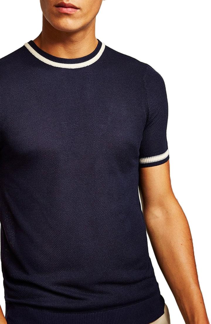 Men's Topman Tipping Classic Fit Short Sleeve Sweater, Size - Blue