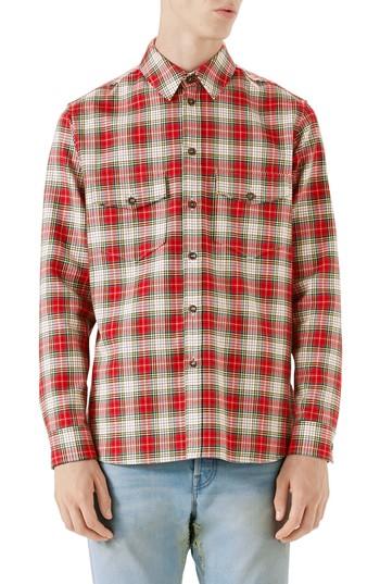 Men's Gucci Embroidered Snake Oversize Plaid Shirt Eu - Pink