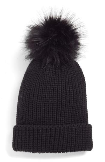 Women's Treasure + Bond Chunky Stitch Beanie With Faux Fur Pom - Black