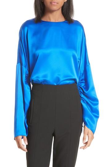 Women's Tibi Ruched Sleeve Satin Silk Top