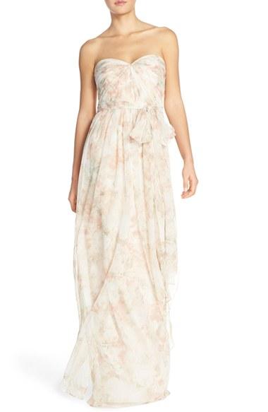 Women's Jenny Yoo 'nyla' Floral Print Convertible Strapless Chiffon Gown - Pink