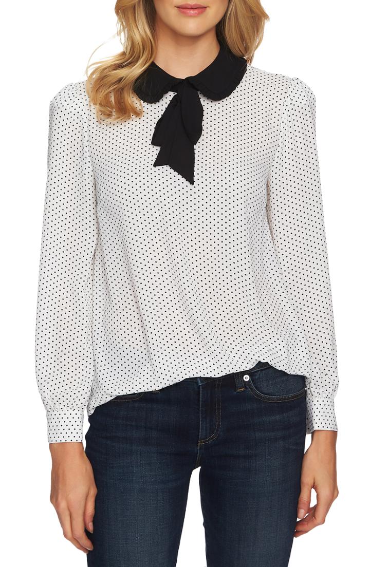 Women's Cece Refined Pin Dot Collared Tie Neck Blouse - Ivory