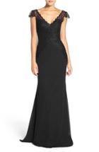 Women's Hayley Paige Occasions Cap Sleeve Lace & Chiffon Trumpet Gown - Black