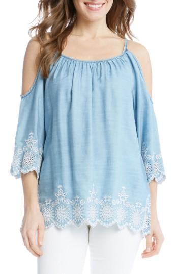 Women's Karen Kane Embroidered Chambray Cold Shoulder Top - Blue