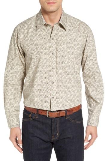 Men's Cutter & Buck 'winston' Regular Fit Print Cotton Poplin Sport Shirt - Brown