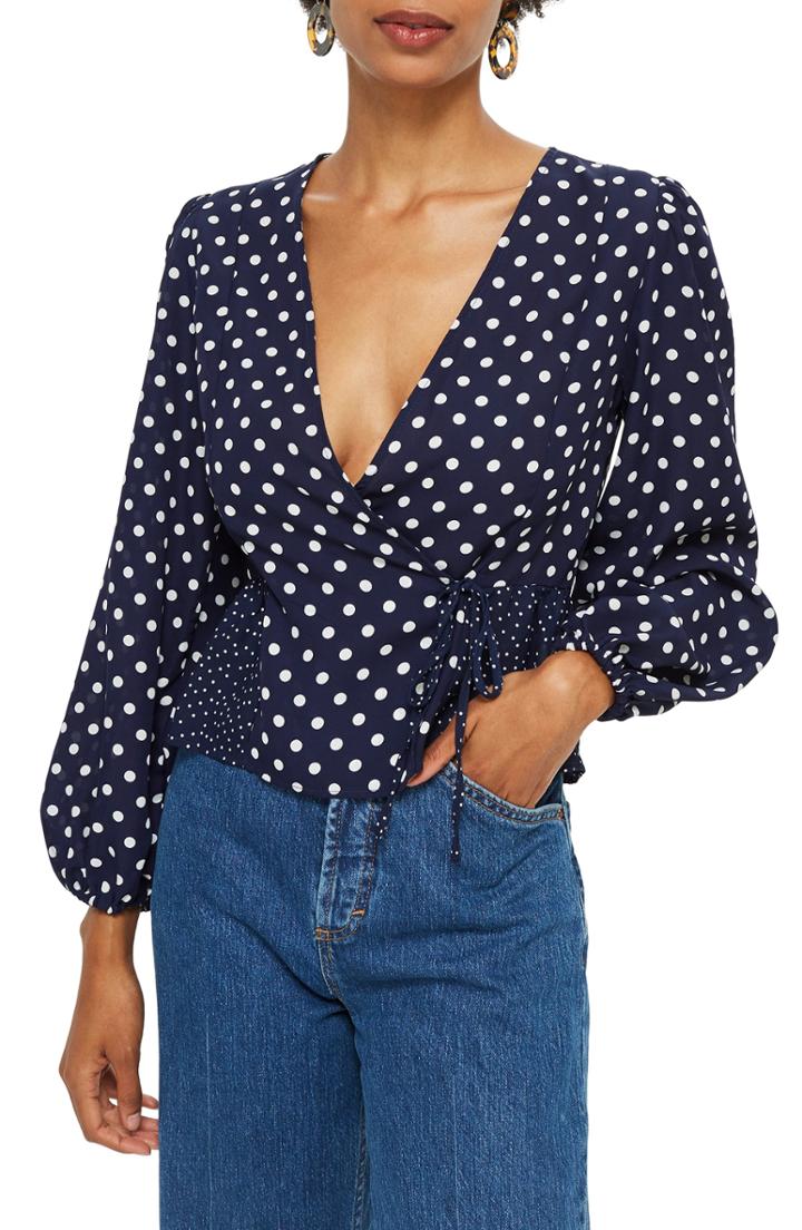 Women's Topshop Polka Dot Wrap Blouse Us (fits Like 0) - Blue