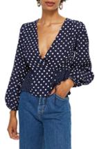 Women's Topshop Polka Dot Wrap Blouse Us (fits Like 0) - Blue