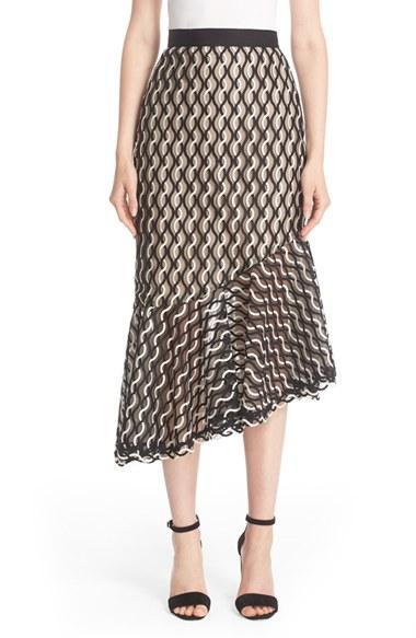 Women's Lela Rose Wave Lace Asymmetrical Ruffle Hem Skirt