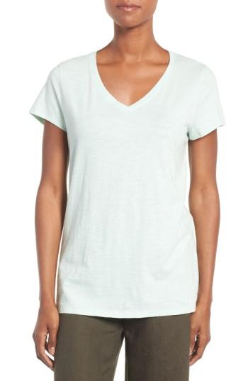 Petite Women's Eileen Fisher Organic Cotton V-neck Tee, Size P - Blue/green
