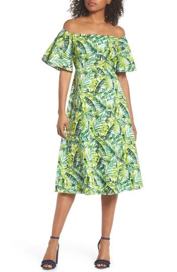 Women's Clover And Sloane Palm Print Off The Shoulder Dress - Green