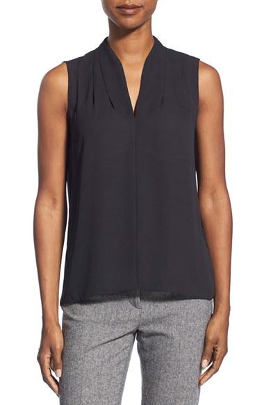 Women's T Tahari 'edie' Pleat V-neck Blouse - Black