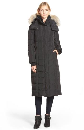 Women's Mackage Long Down Coat With Genuine Coyote Fur & Shearling Trim, Size - Black