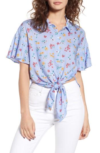 Women's Floral Tie Hem Flutter Sleeve Top - Blue