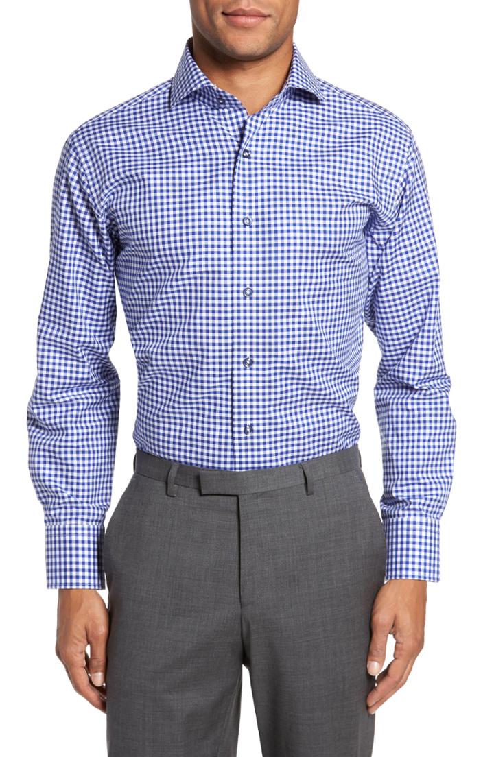 Men's Lorenzo Uomo Trim Fit Textured Gingham Dress Shirt - 34 - Blue