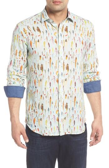 Men's Bugatchi Shaped Fit Fishing Lure Linen Sport Shirt - Green