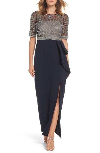 Petite Women's Adrianna Papell Beaded Gown P - Blue