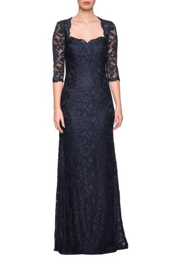 Women's La Femme Lace Column Gown - Blue
