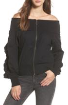 Women's Bp. Ruffle Off The Shoulder Bomber - Black