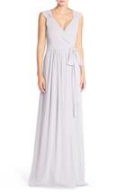 Women's Ceremony By Joanna August 'newbury' Gathered Sleeve Chiffon Wrap Gown - Grey