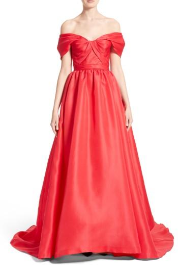 Women's Marchesa Silk Gazar Sculpted Off The Shoulder Gown - Coral