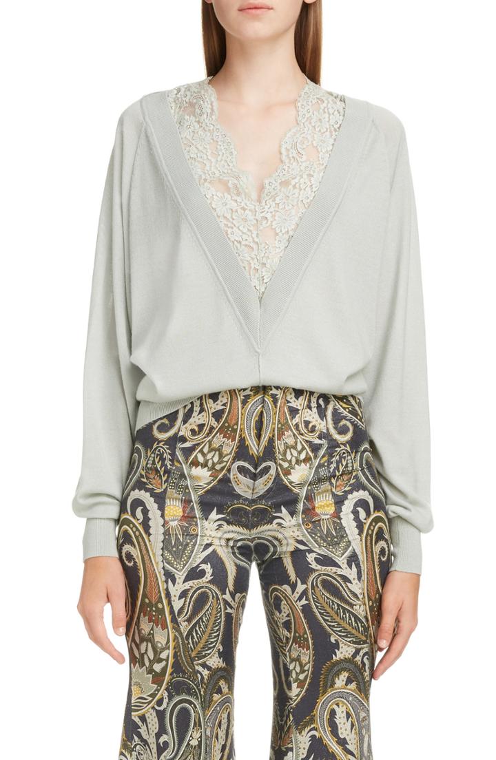 Women's Chloe Plunging Lace Neck Wool & Silk Sweater - Grey