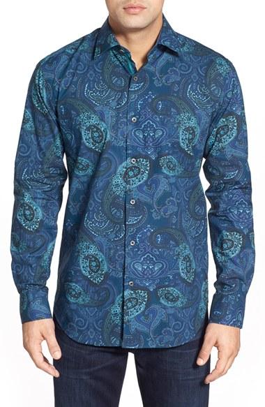 Men's Bugatchi Shaped Fit Paisley Sport Shirt, Size - Blue