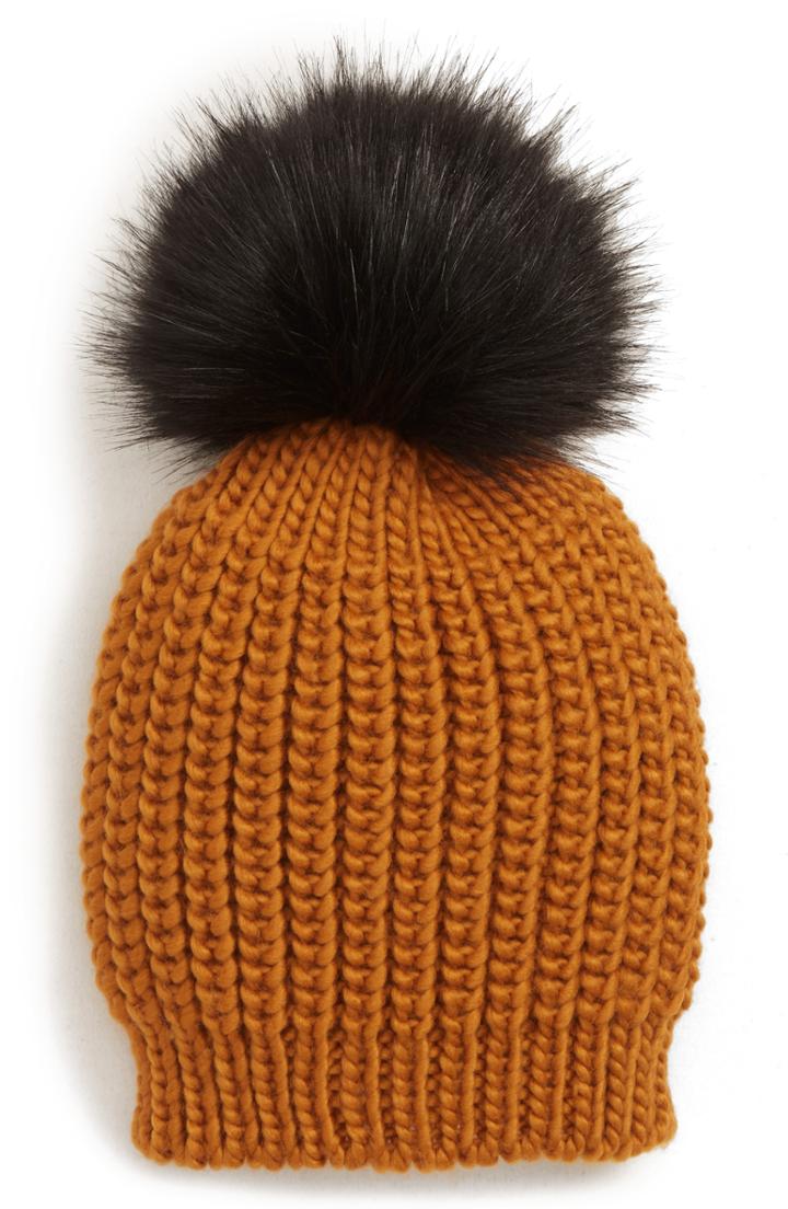 Women's Bp. Contrast Faux Fur Pompom Beanie - Yellow