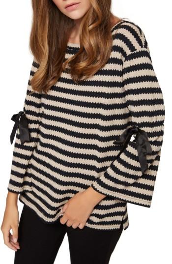 Petite Women's Sanctuary Tierney Stripe Tie Sleeve Sweatshirt P - Black