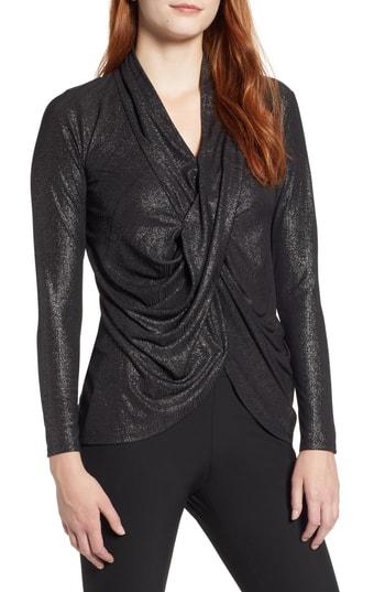 Women's Chaus Shiny Ribbed Drape Front Top - Black