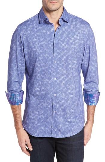 Men's Stone Rose Slim Fit Wavy Diamond Print Sport Shirt (s) - Blue