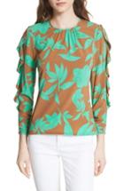 Women's Tracy Reese Frilled Floral Stretch Silk Top - Brown