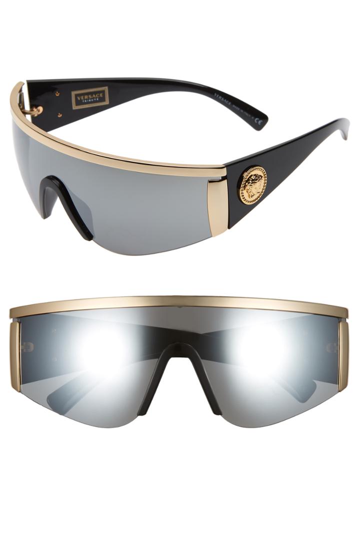 Women's Versace Tribute 147mm Shield Sunglasses - Gold/ Silver Mirror