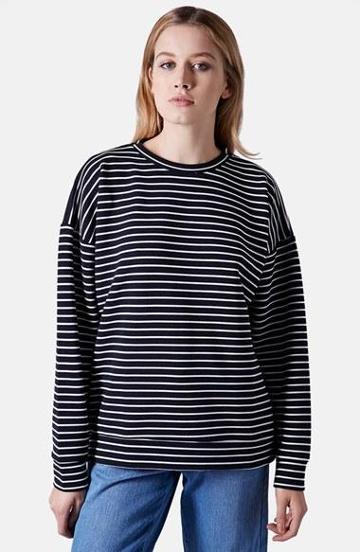 Topshop Boutique Stripe Rib Knit Sweatshirt Navy Blue