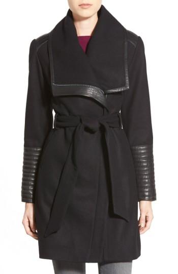 Women's Belle Badgley Mischka 'lorian' Faux Leather Trim Belted Asymmetrical Wool Blend Coat - Black