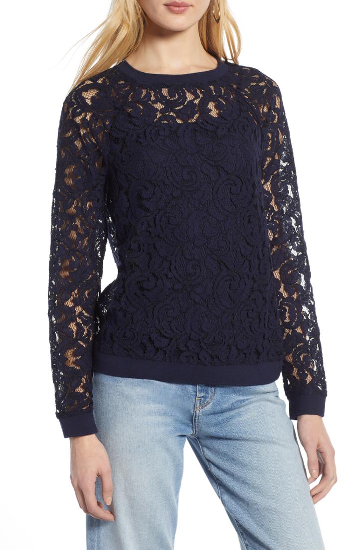 Women's Halogen Rib Trim Lace Top - Blue