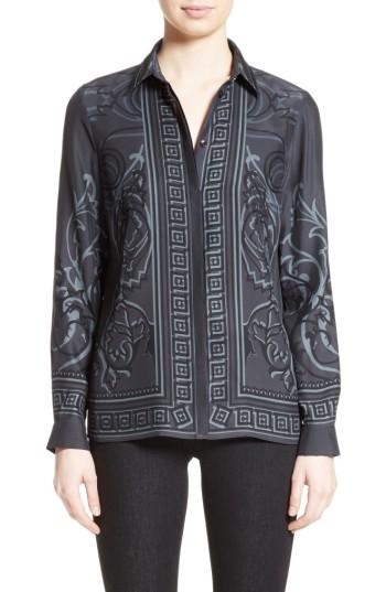Women's Versace Collection Baroque Print Silk Blouse Us / 44 It - Grey