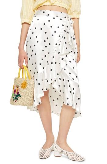 Women's Topshop Satin Spot Ruffle Skirt Us (fits Like 14) - White