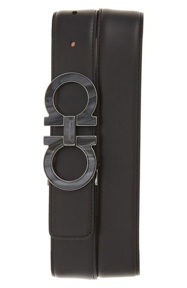 Men's Salvatore Ferragamo Double Gancio Calfskin Leather Belt - Black