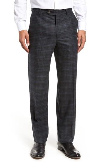 Men's Berle Flat Front Windowpane Wool Trousers - Grey