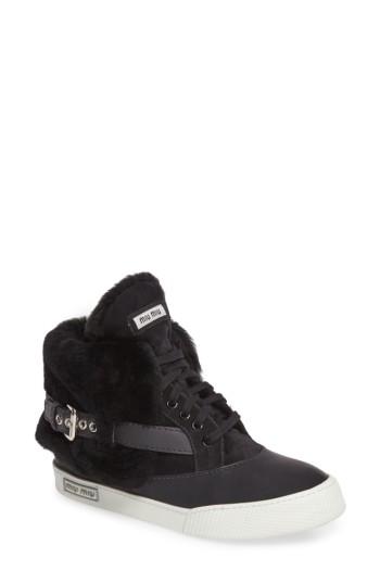 Women's Miu Miu Genuine Shearling Cuffed Buckle Strap Sneaker Us / 36eu - Black
