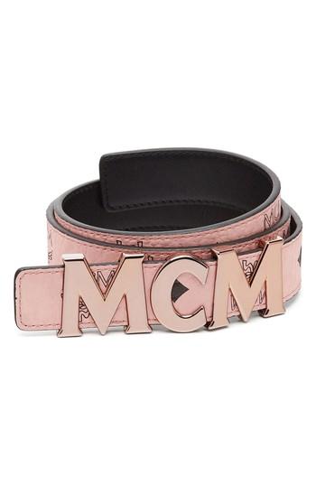 Women's Mcm Letter Reversible Coated Canvas/leather Belt, Size - Soft Pink (w/ Rose Gold)