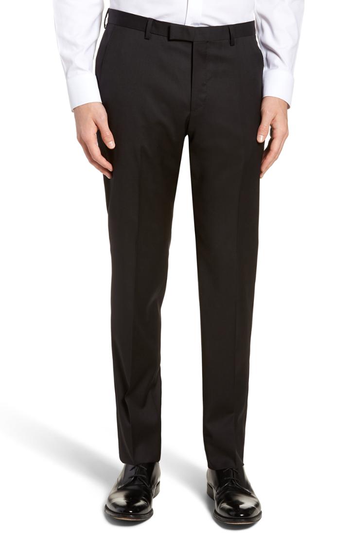 Men's Boss Lenon Cyl Flat Front Solid Wool Trousers R - Black